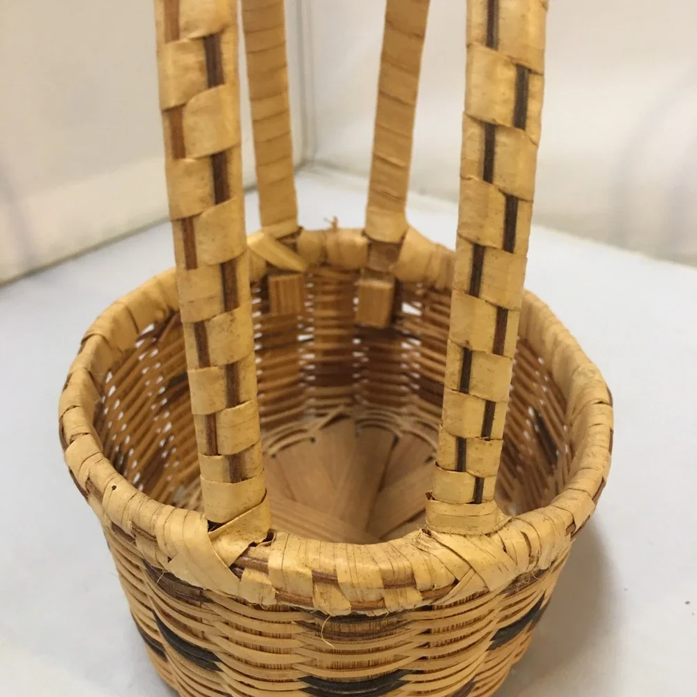 Miniature Woven Basket Small Tan Brown Dual Handle Splint Decor Cottagecore Boho